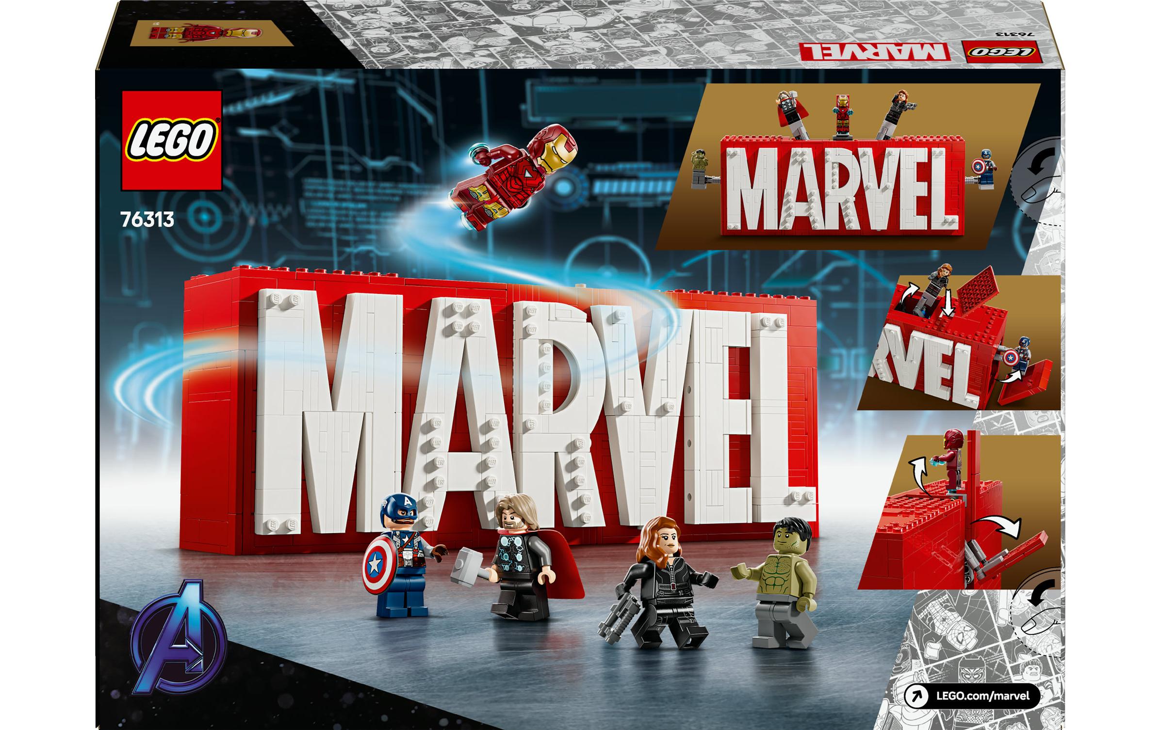 Marvel Logo und Minifiguren 76313Marvel Set mit 5 Minifiguren zum Bauen und Sammeln