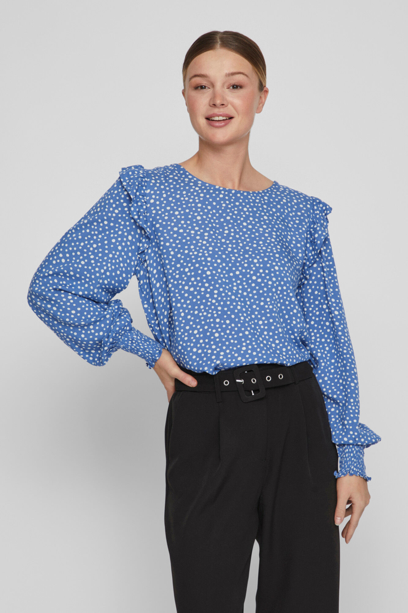 Blusa de manga comprida com detalhe de babado - Azul