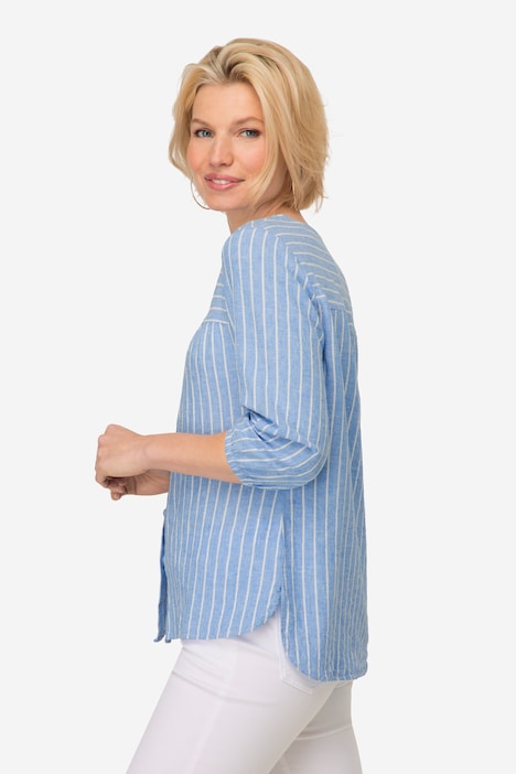 Bluse, Leinenmix, Streifen, Rundhals, 3/4-Ärmel