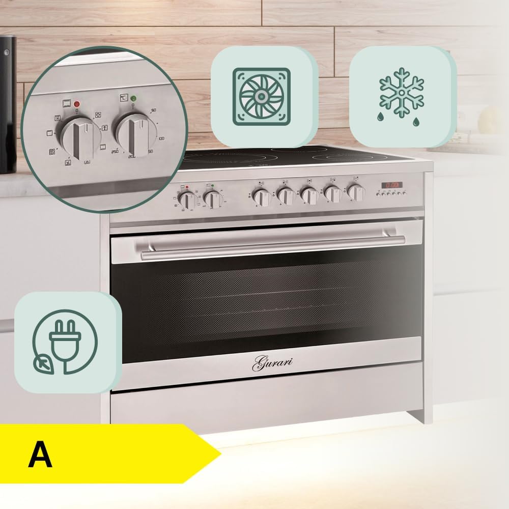 Elektro Standherd 90 cm GCH E 912 X Glaskeramik Herd Range Coocker 121 L | Heißluft | Grill | 5 Hi-Light Zonen Kochfeld | Teleskopauszug | Edelstahl Grau/Silber