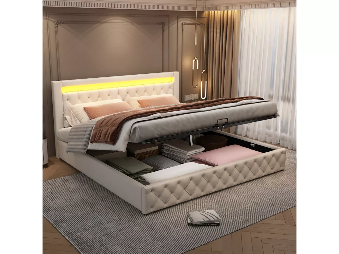 Lit coffer avec LED 180x200cm, Tissu PU, avec cadre à 12 lattes, charge max 220kg, Blanc