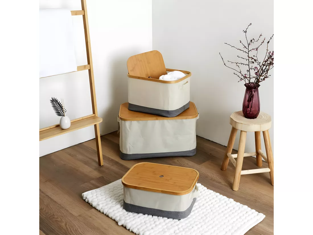 LAZEN - Lot de 3 Panières Bambou avec Couvercle Tissu Blanc et Gris
