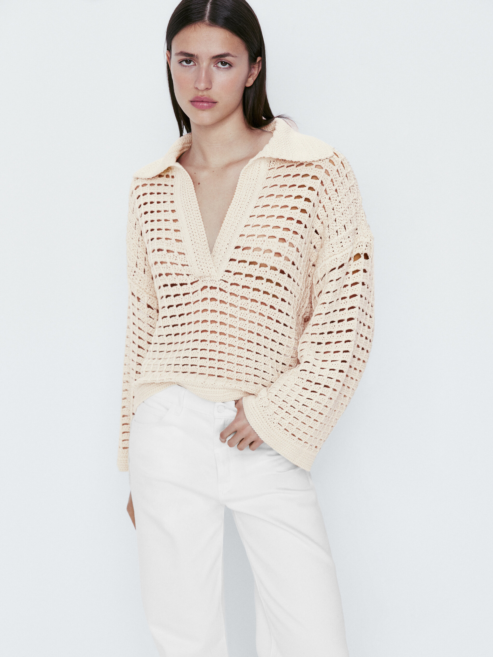 Camisa polo de crochê - BEGE