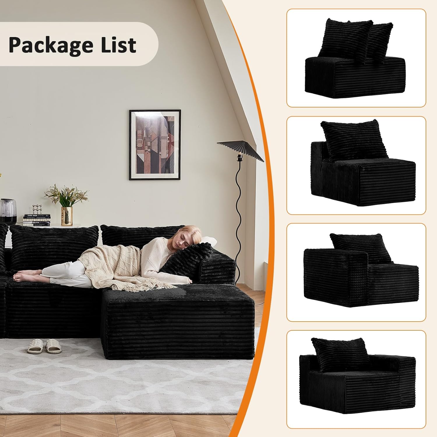 Vamcheer Ecksofa mit Schlaffunktion - Big Sofa Couch 3 Sitzer in L-Form, Modulares Boneless Schlafsofa als Wohnlandschaft, 274 x 102 cm, Schwarz