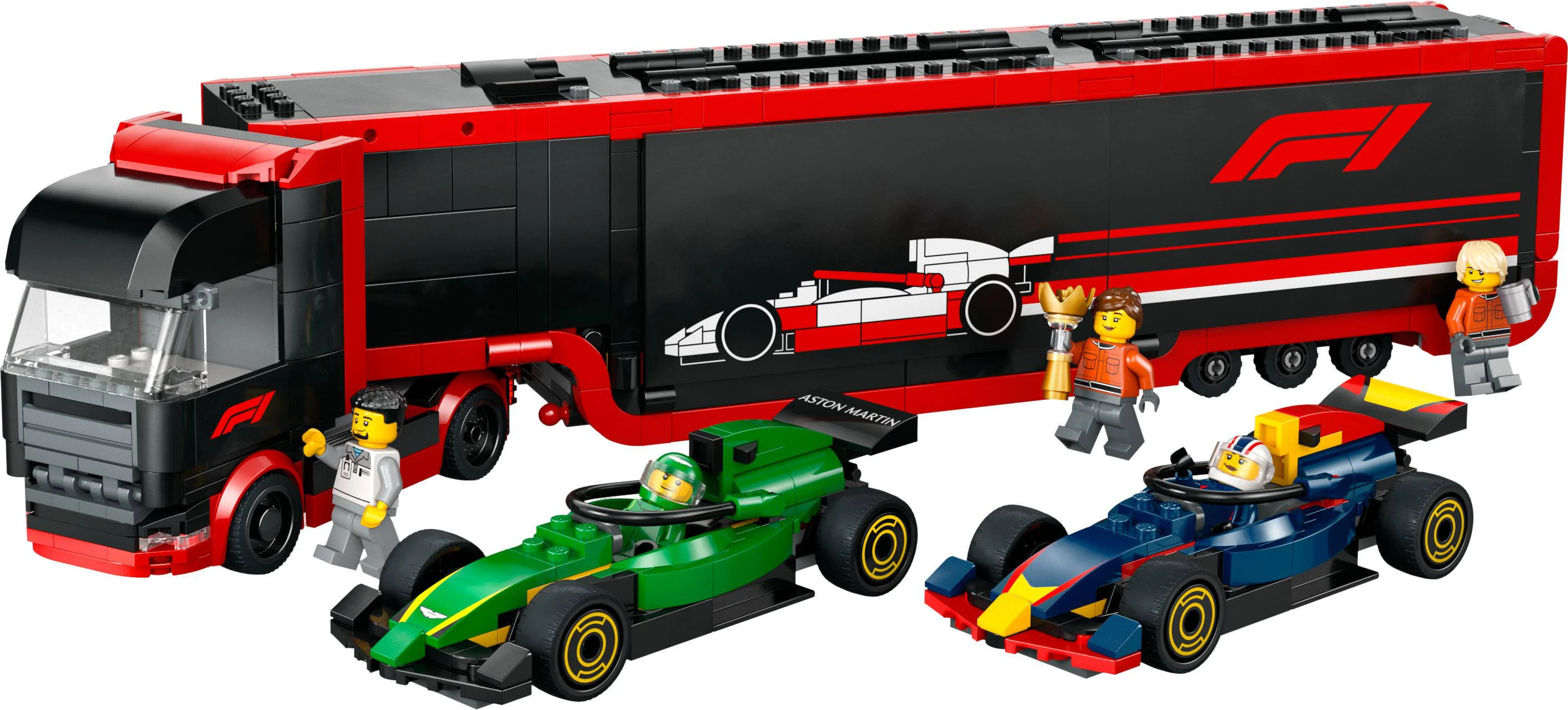 LEGO F1® truck met RB20 en AMR24 F1® auto's 60445
