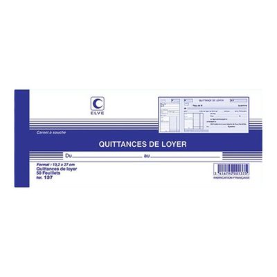 ELVE - Carnet à souche quittances de loyer - 50 feuillets - 10 x 27 cm