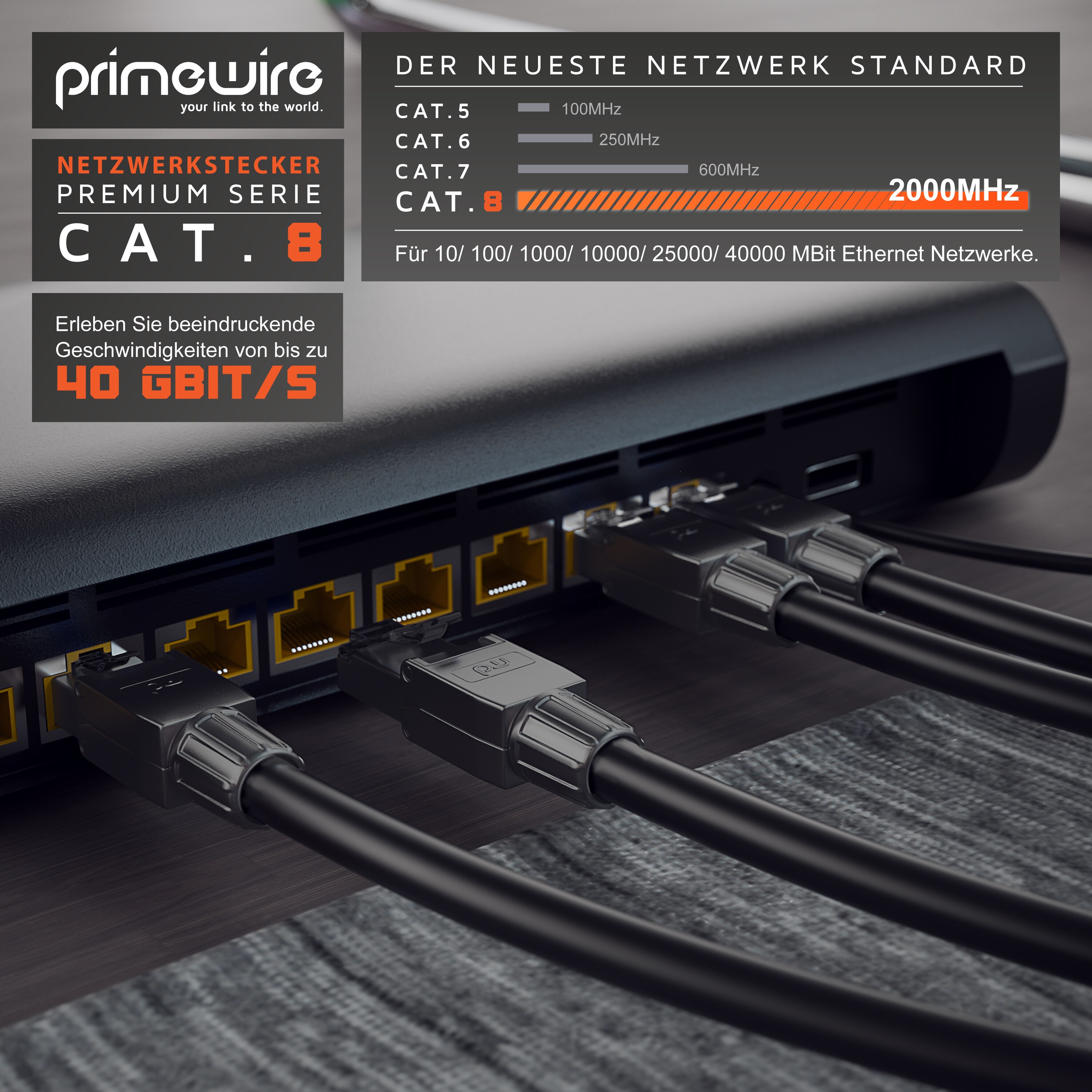 Primewire 8x Netzwerk-Adapter RJ-45 (Ethernet) zu Netzwerkkabel, Netzwerkstecker RJ45 CAT 8 - Gigabit Ethernet LAN Kabel - 40 Gbit/s, schwarz