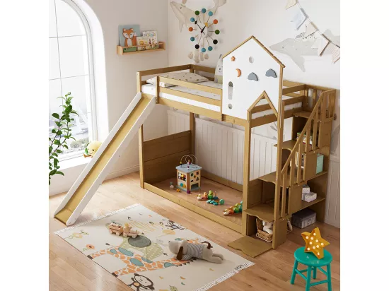 Lit superposé 90x200 cm Lit d'enfant Lit avec escalier d'angle avec toit et fenêtre avec 3 casiers dans l'escalier Blanc+Naturel