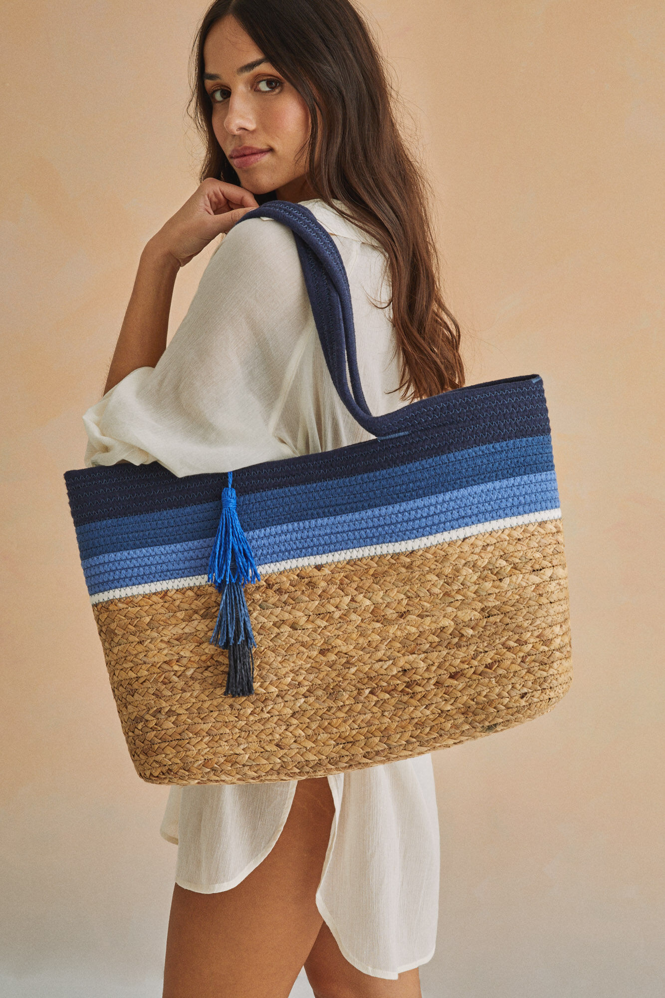 Bolsa de praia tote azul marinho - bege