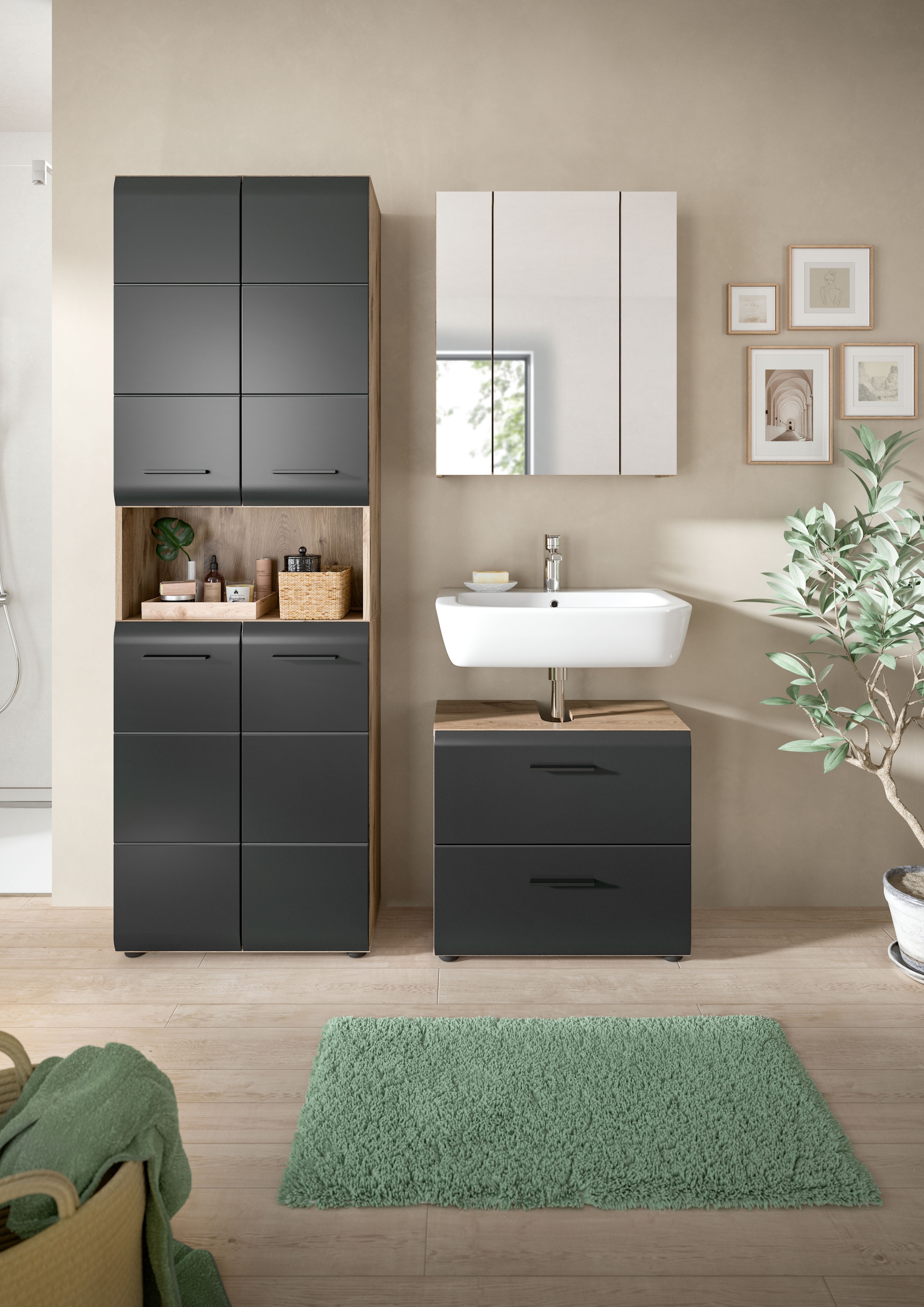 INOSIGN Badmöbel-Set »FLORENZ, TOPSELLER!, 3-teilige Badkombination, hochwertige MDF-Front« Set, best. aus: 1 Hochschrank, 1 Waschbeckenunterschrank, 1 Spiegelschrank, 3 Stk. tlg.