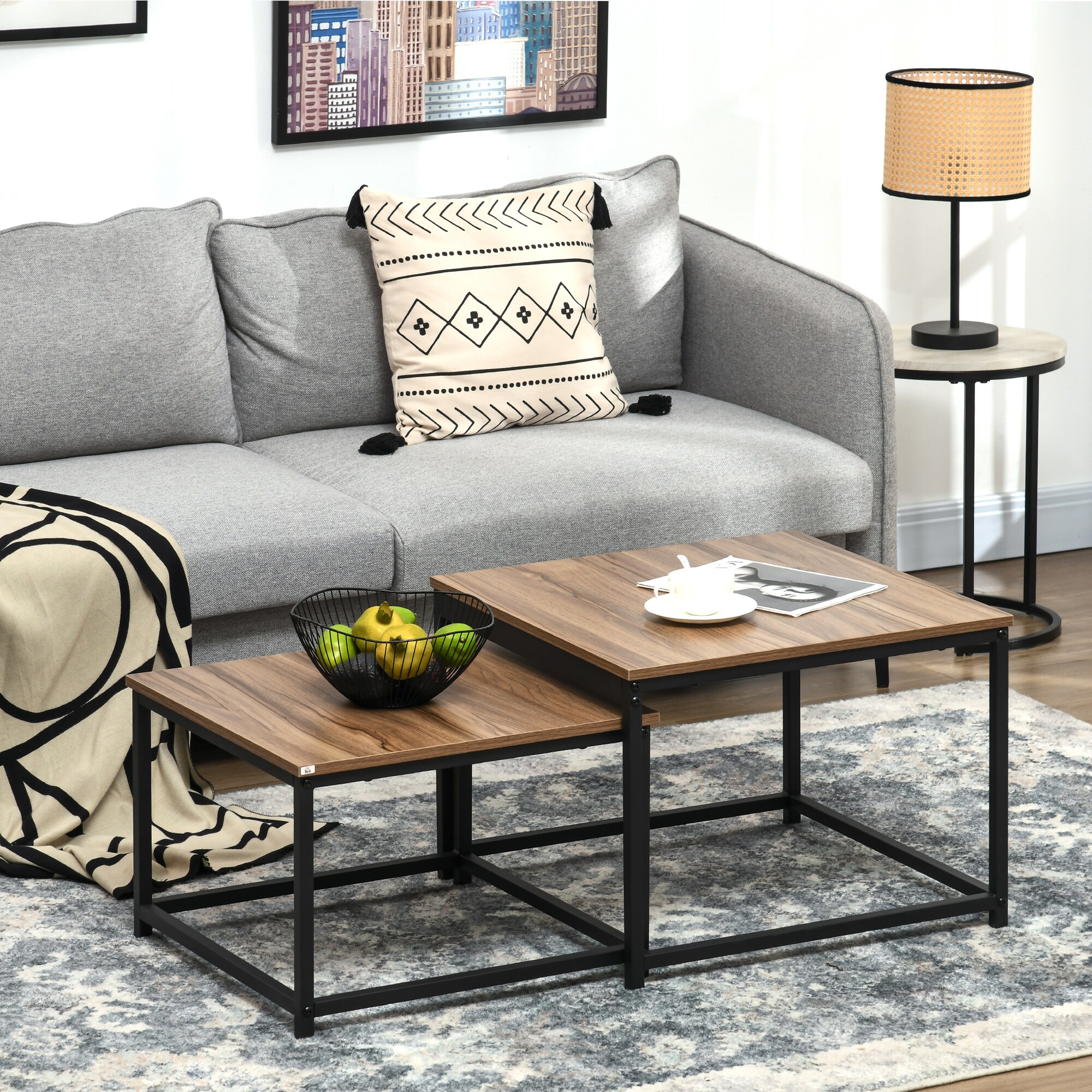 HOMCOM Couchtisch-Set mit Stahlrahmen natur 60L x 60B x 45H cm