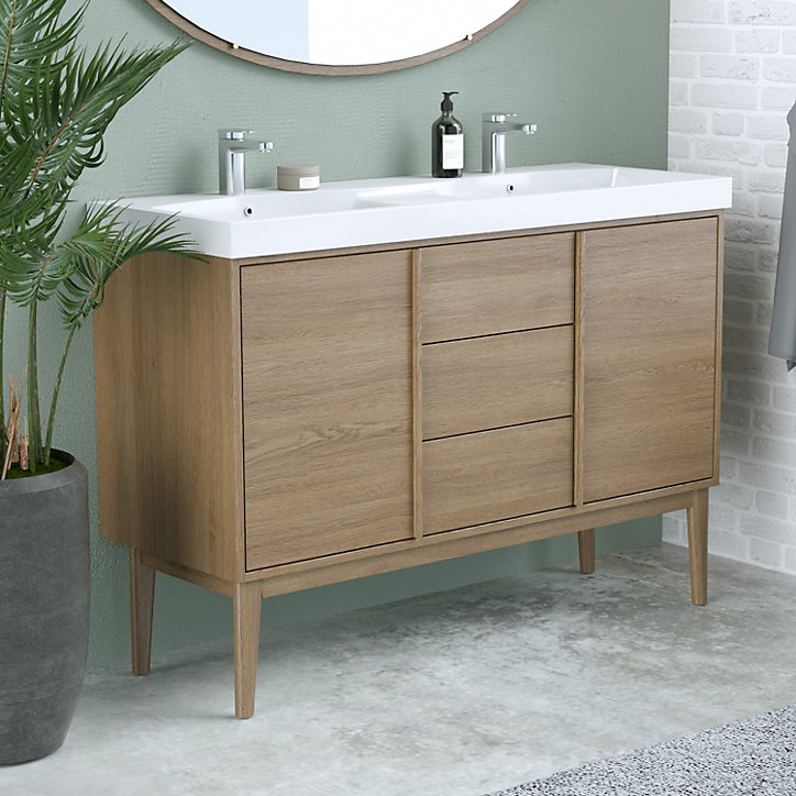 Ensemble meuble sous vasque placage bois Kabayan + plan double vasque résine blanc Mila l.120 cm