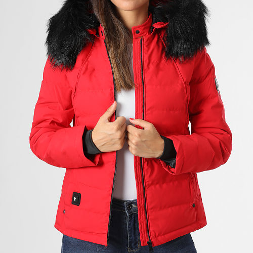 Doudoune Capuche Fourrure Chauffante Femme Budapest Rouge Noir