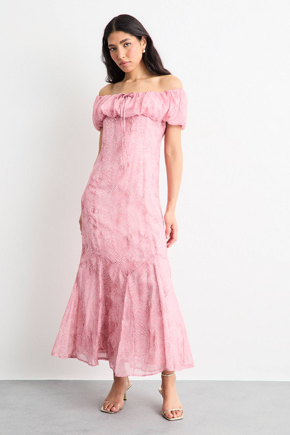 Warehouse Robe Midi en Mousseline Bardot avec Inserts Godets Style Bergère