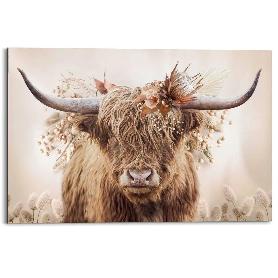 Schilderij Highlander in bloemen - 60x90cm - Beige