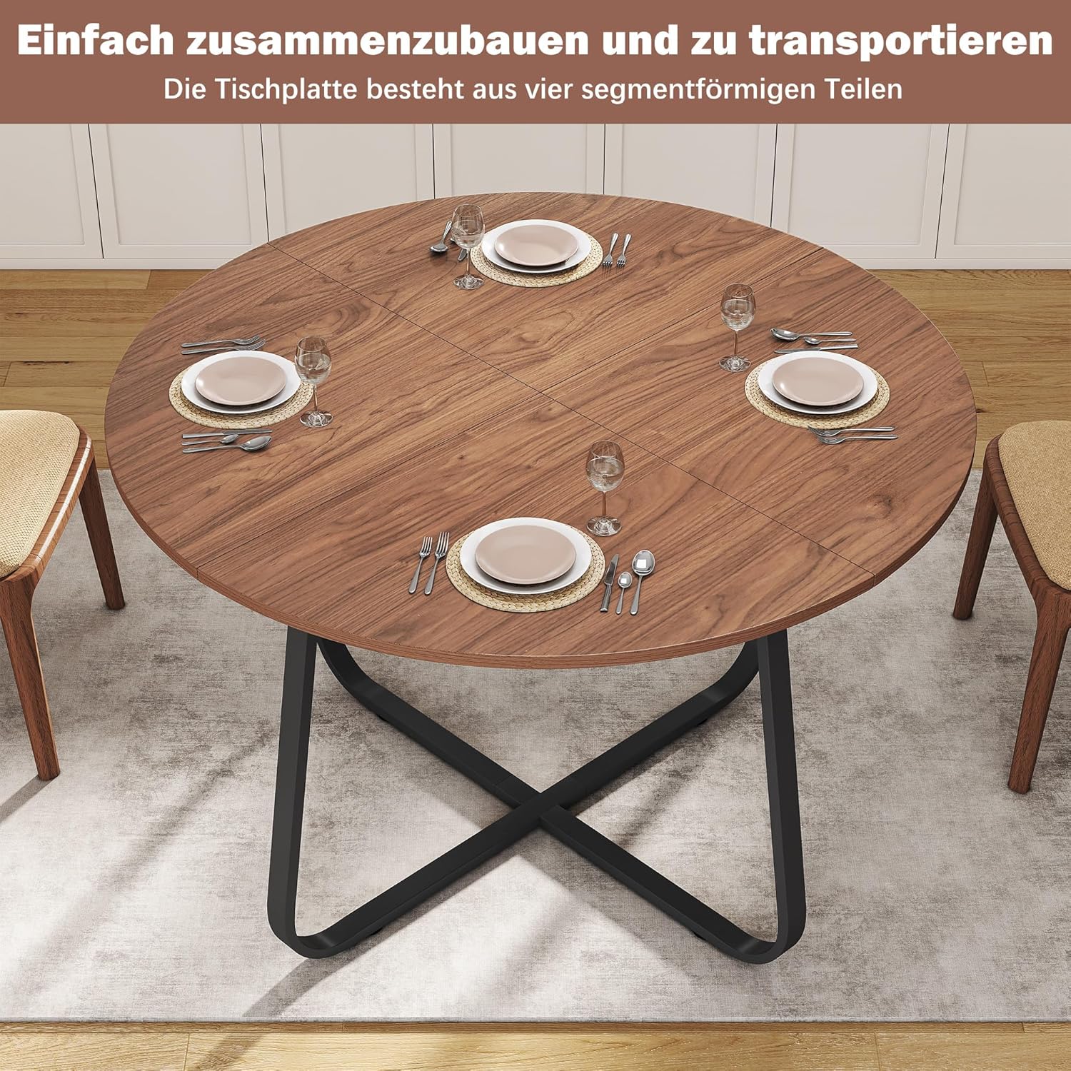 yeshine Runder Esstisch für 4-6 Personen, 120cm Esszimmertisch mit Metallfuß, Küchentisch für Esszimmer, Wohnzimmer, Vintage Braun