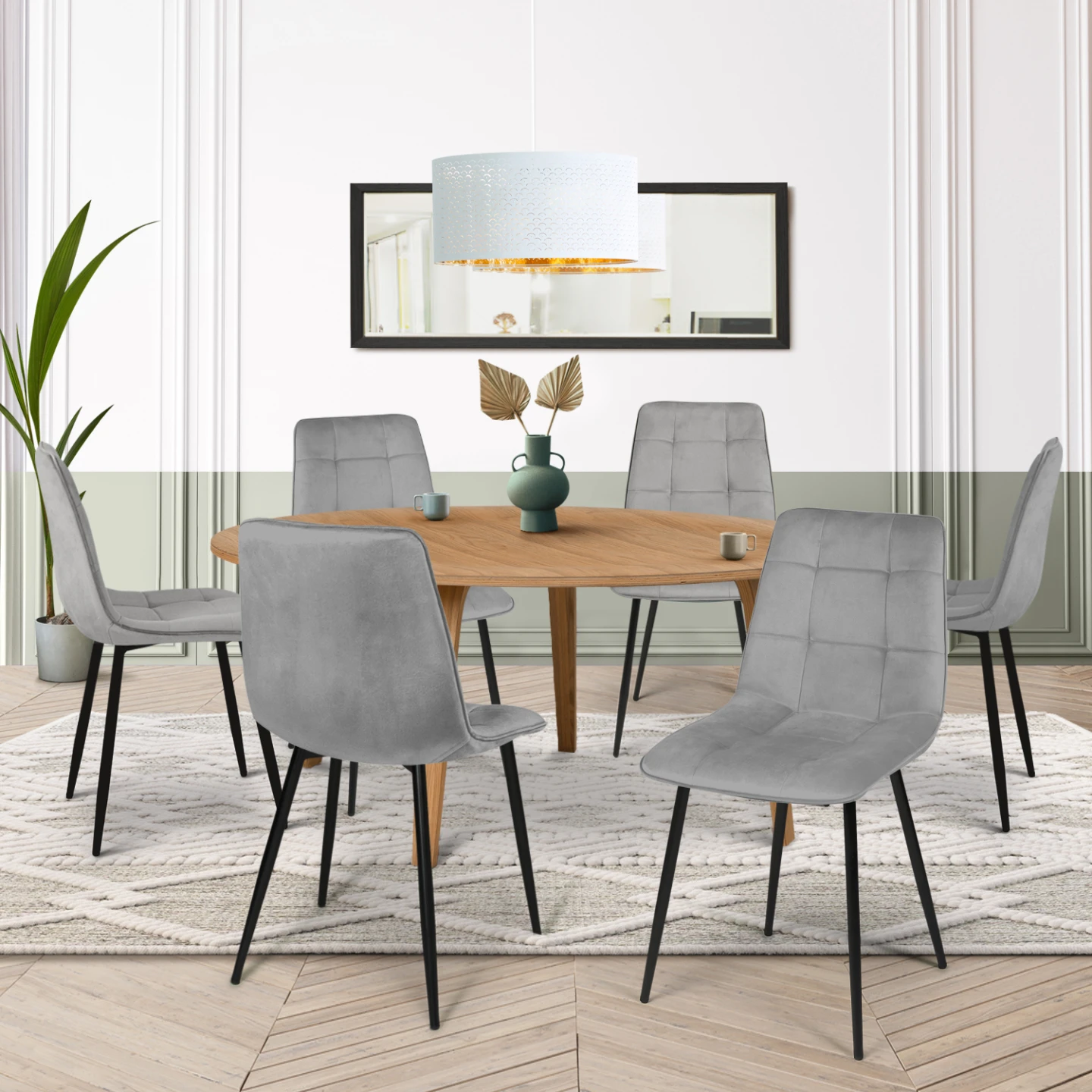 Lot de 6 chaises MILA en velours gris clair pour salle à manger