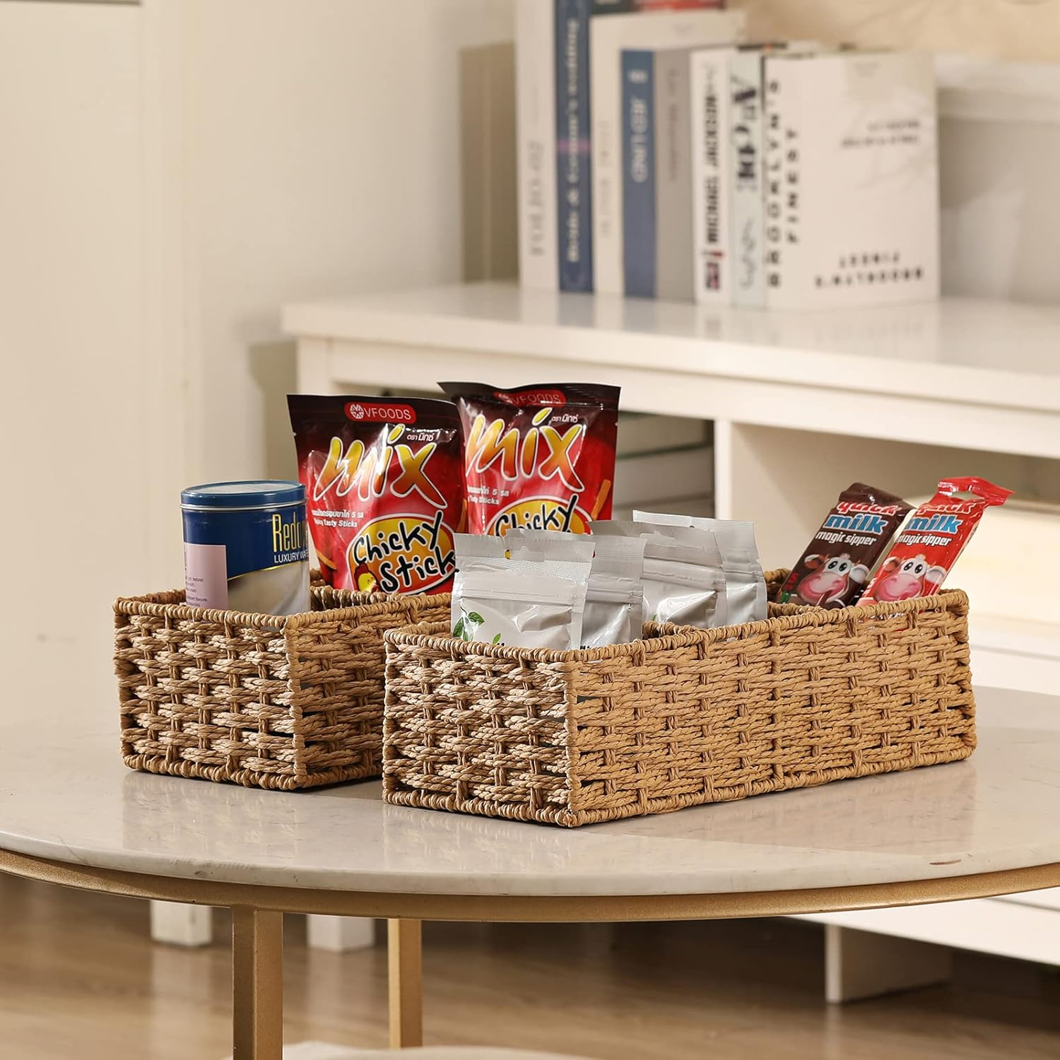(36x15cm) Rattan Aufbewahrungs Korb Deko Organizer mit 3 Fächern für Badezimmer / Küche / Wohnzimmer - Braun