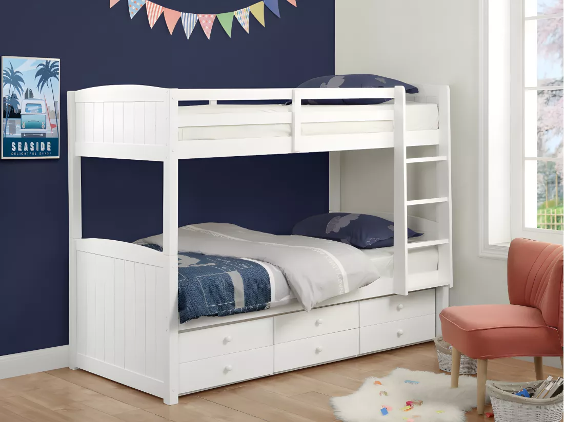 Lits superposés séparables ANCHISE II - 2 x 90 x 190 cm - Avec rangements - Pin blanc + matelas