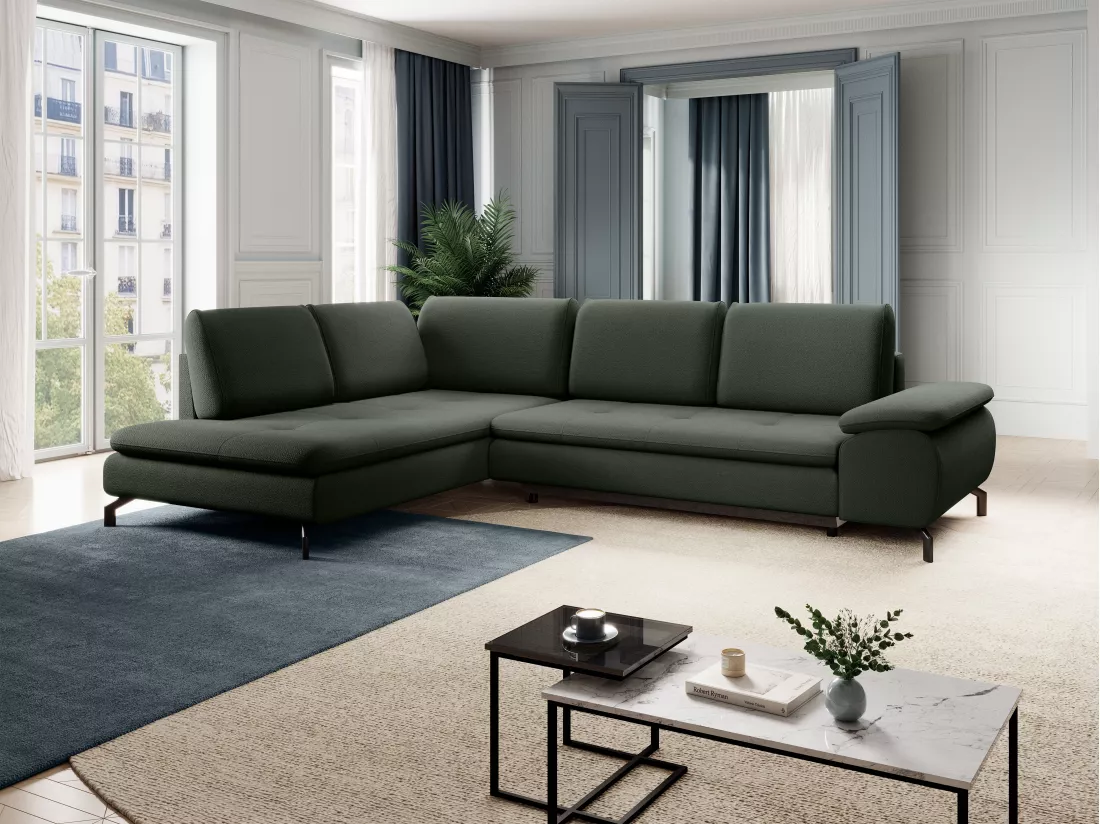 Grand canapé d'angle gauche convertible en tissu texturé vert ARCHIBALD
