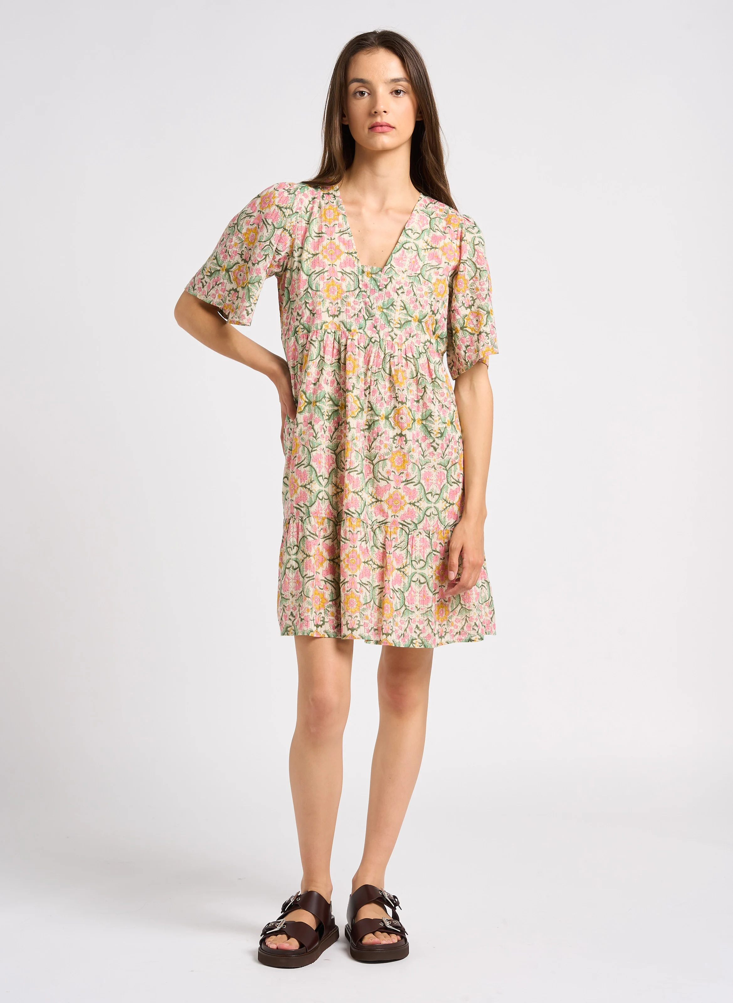 MELIE - Robe courte col V en coton | Rose