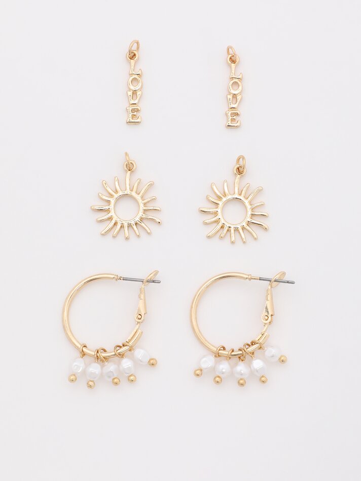 Conjunto de 2 brincos de argola e 3 pingentes - Dourado