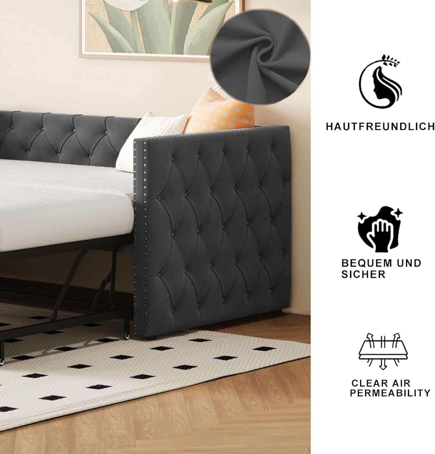 SogesPower Modernes 90x200 cm Schlafsofa, Multifunktionales Design als Tagesbett & Sofa, Atmungsaktiver Samtbezug, Mit hochwertigem Lattenrost