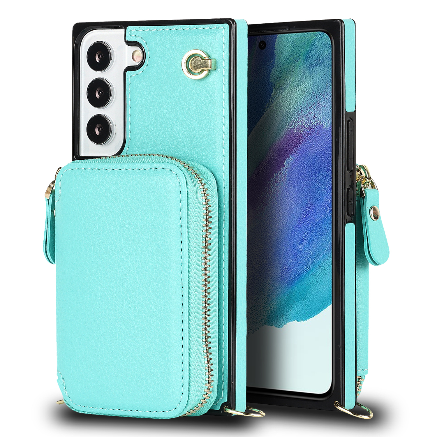 Samsung Galaxy S21 FE 5G Necklace Leder Schutz Hülle mit Kartenfächer   Handykette (140cm) - Türkis