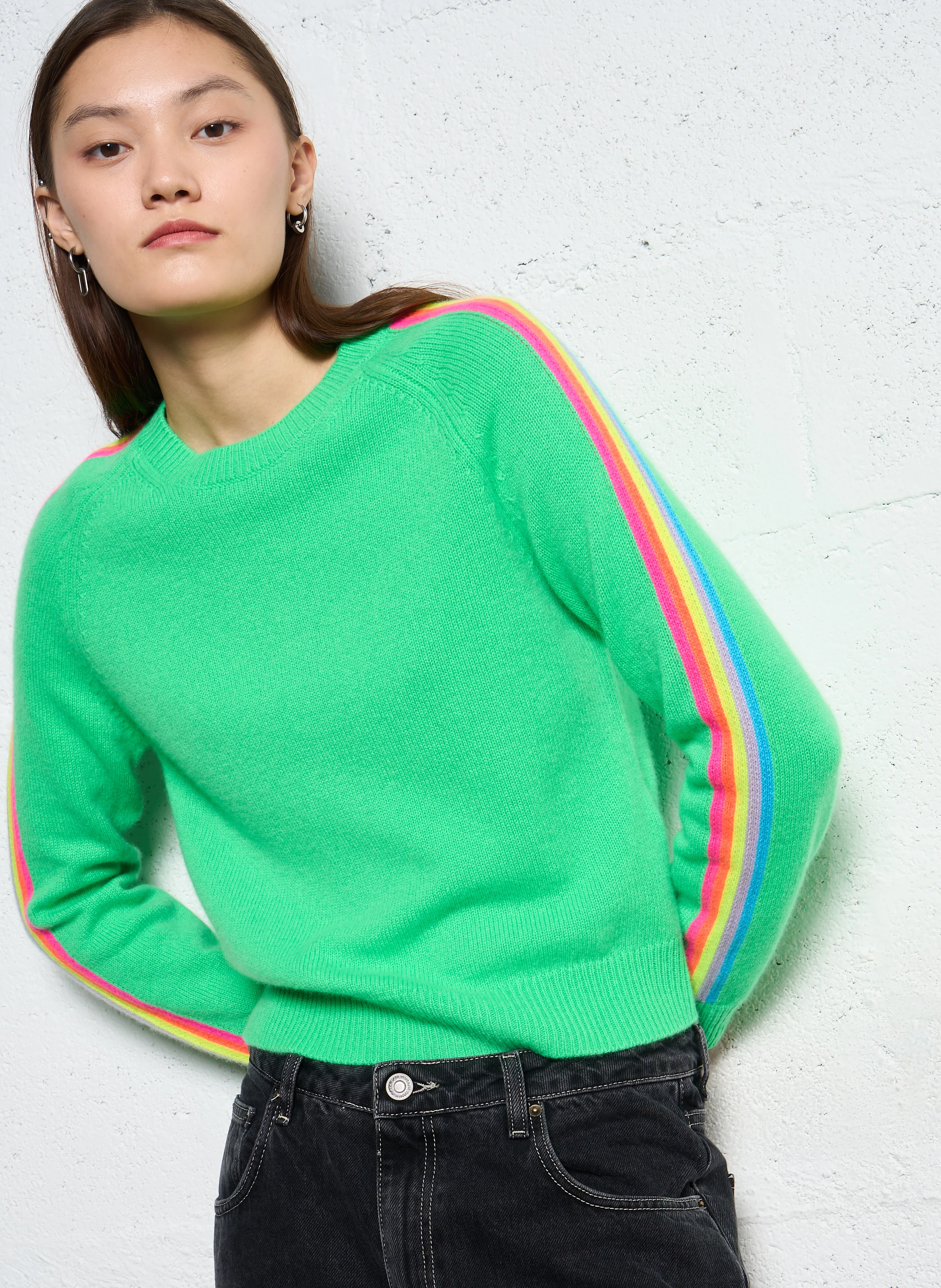 Pull droit col rond rayé en cachemire| Vert