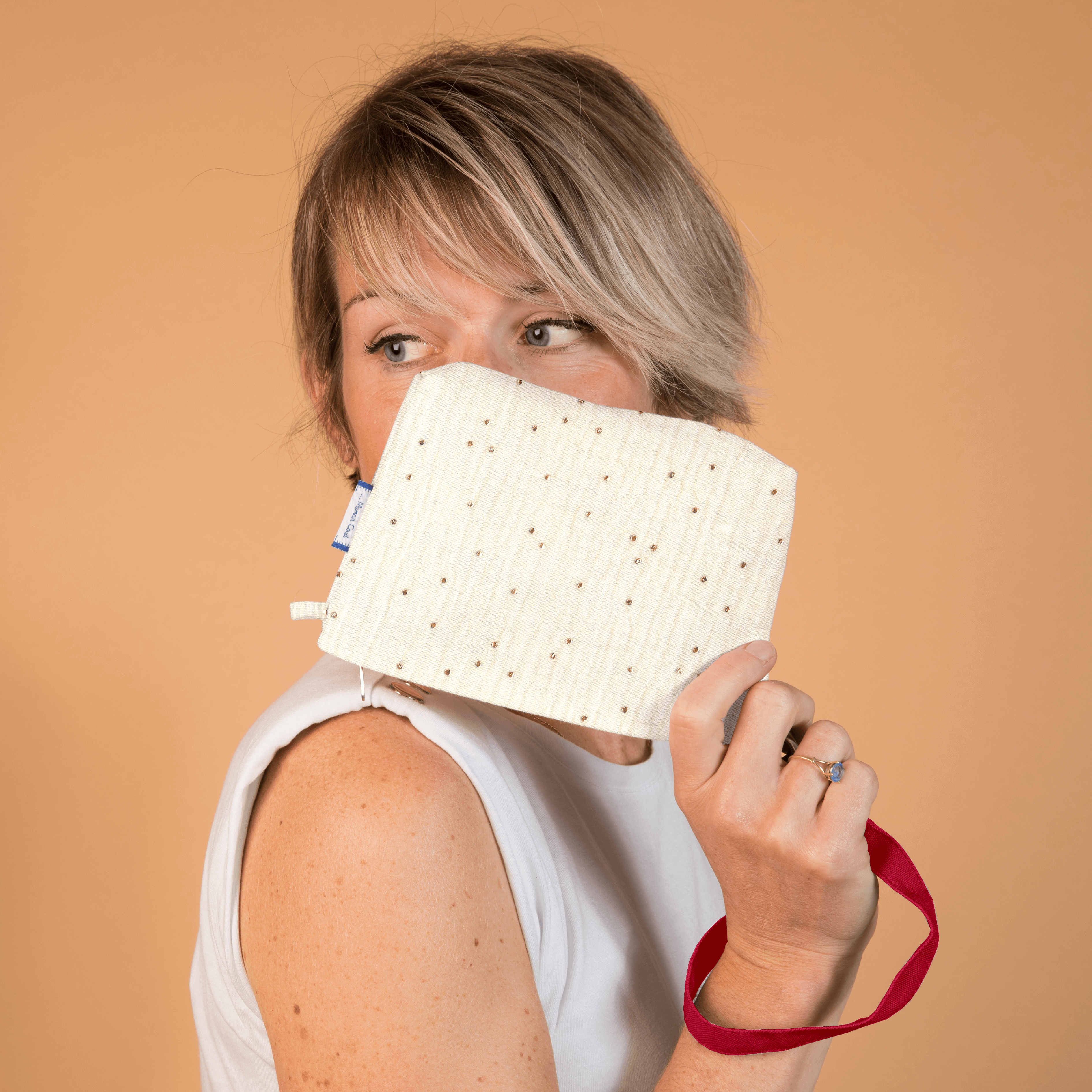 Mini Pochette Tissu Gaze Pois Or Écru