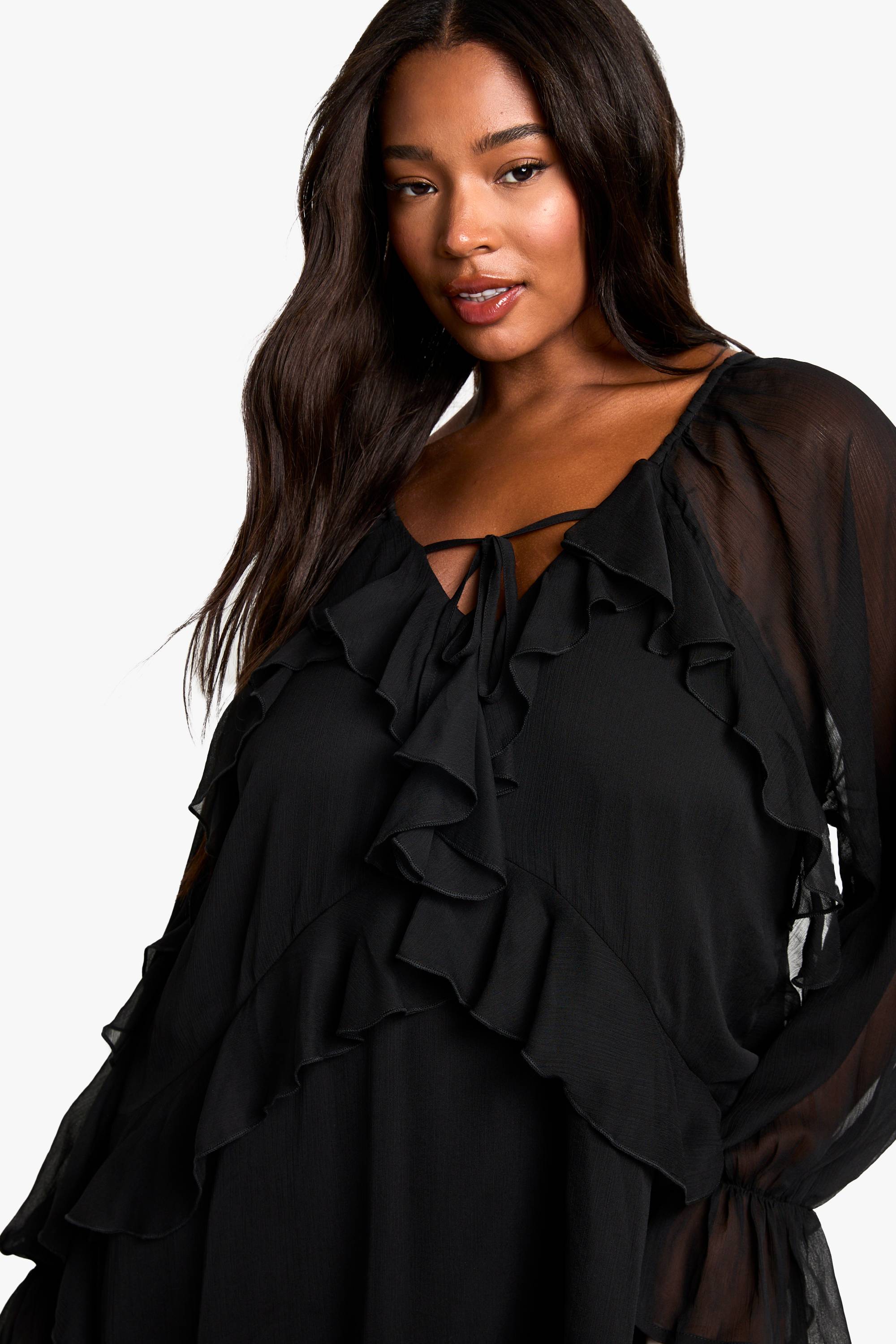 boohoo Plus Chiffon Ruffle Smock Dress