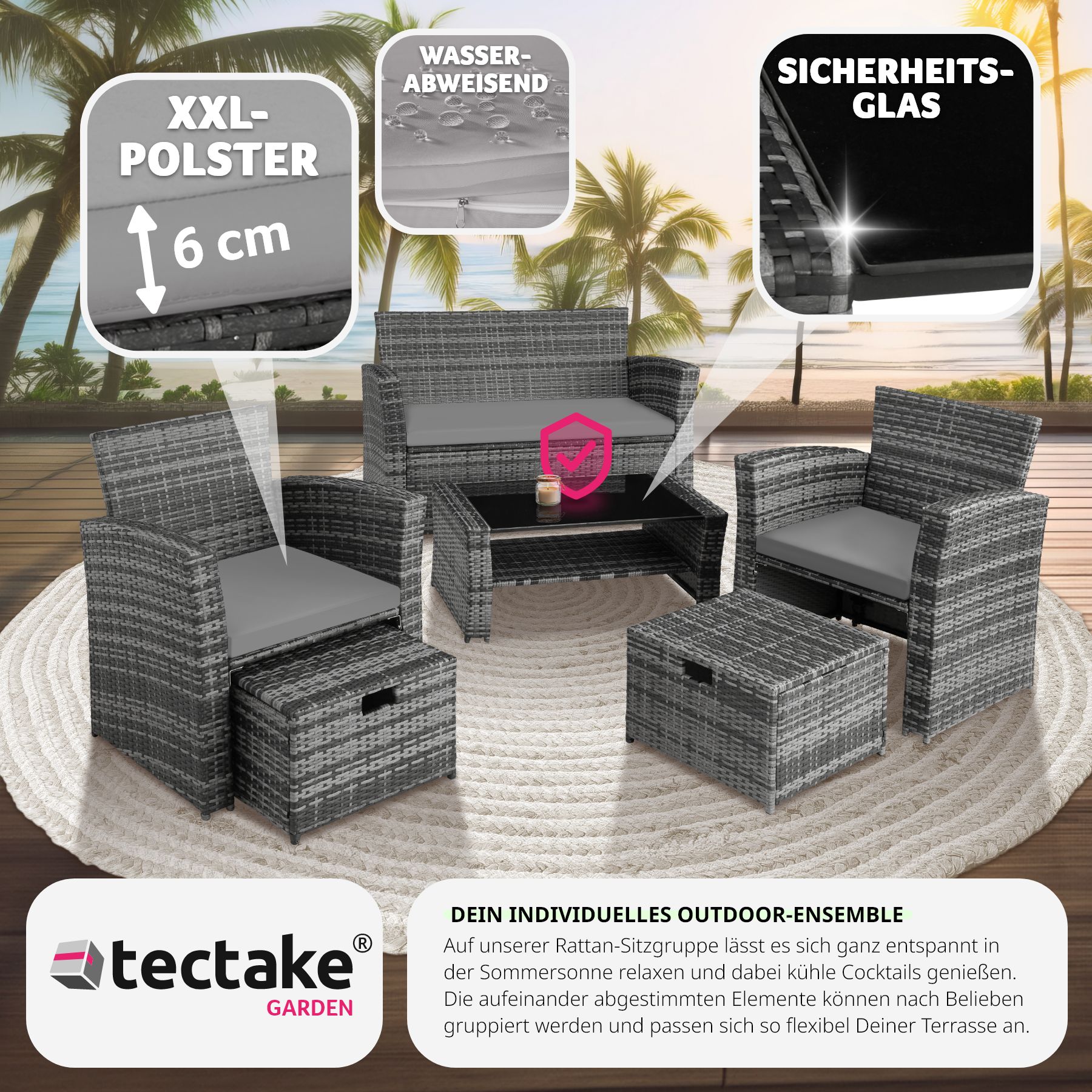 tectake® Rattan Sitzgruppe, für 4 bis 6 Personen, UV-beständig, inklusive Staufach und Schutzhülle