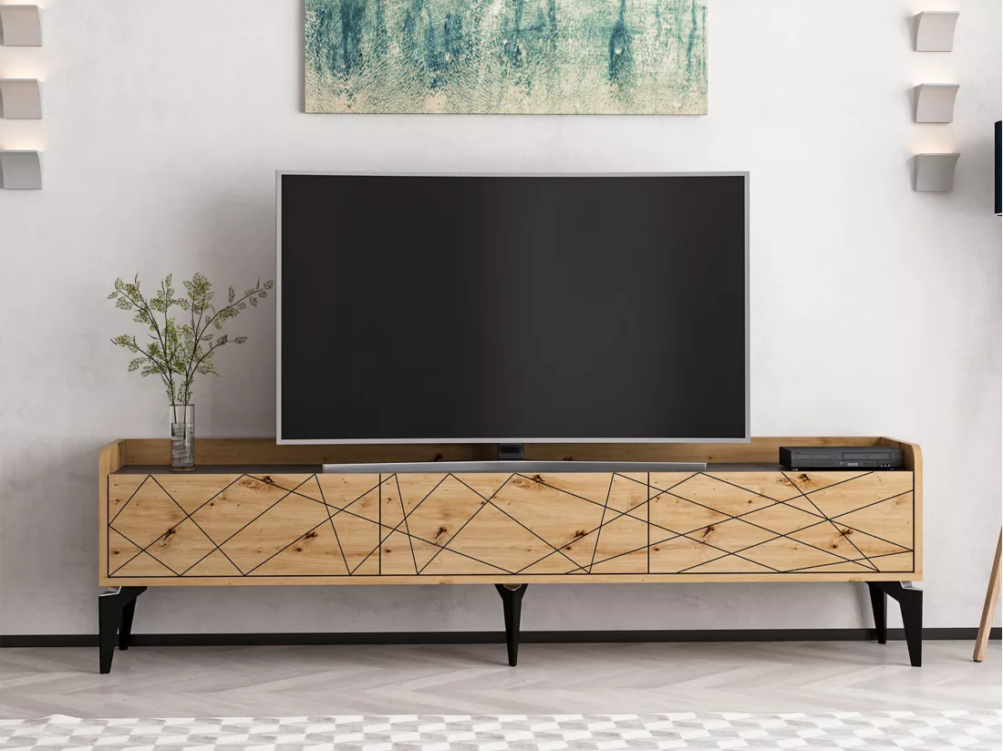 Meuble TV avec 3 portes - Naturel et anthracite - MONALIA