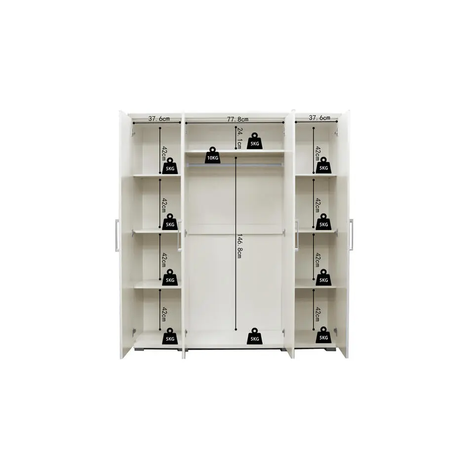 Interiax Kledingkast 'Mila' - Wit - 4 Deurs - 183x120x52cm