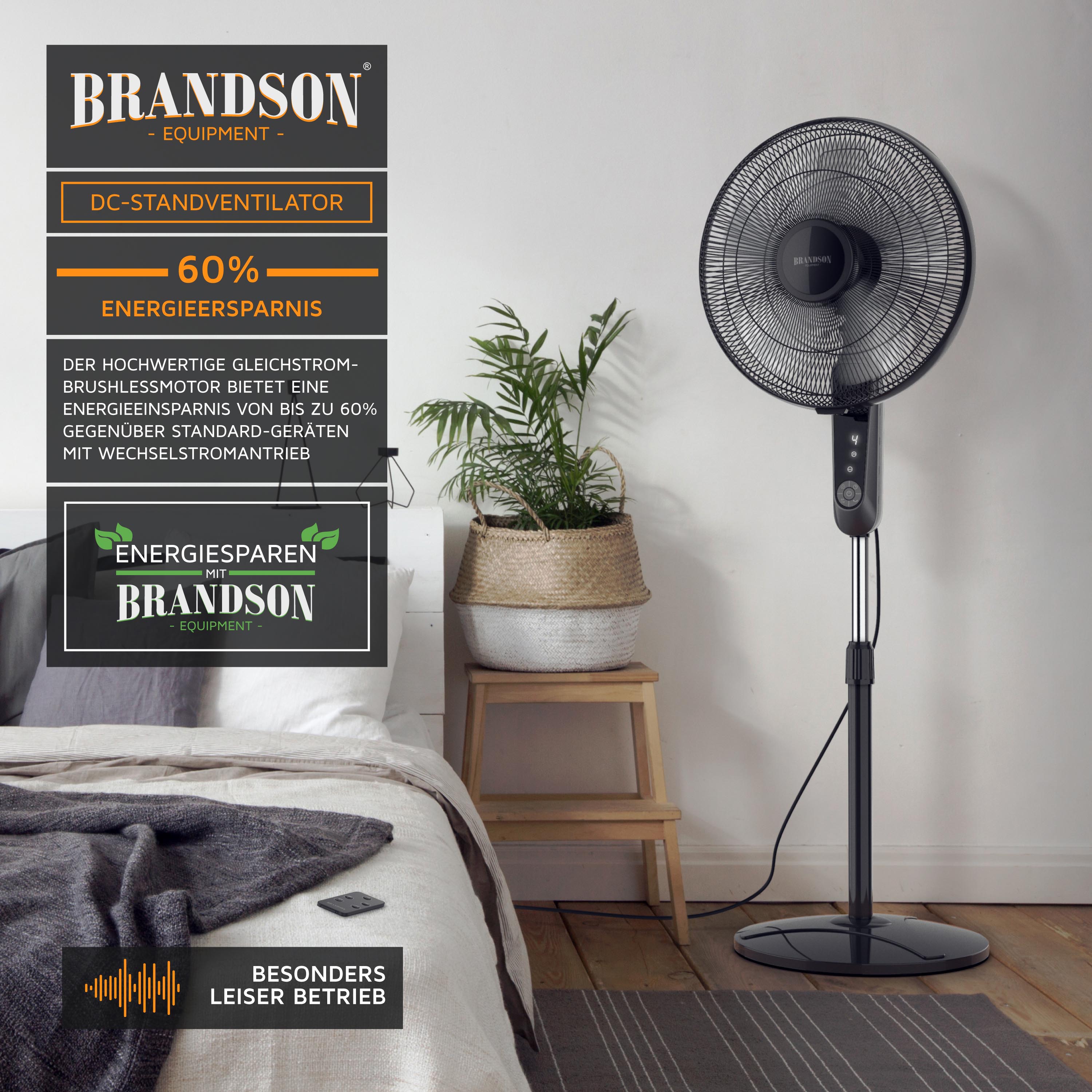 Brandson Standventilator 45,5cm Ø, DC, leise, Fernbedienung, energiesparend, Oszillation, 25 Stufen, schwarz