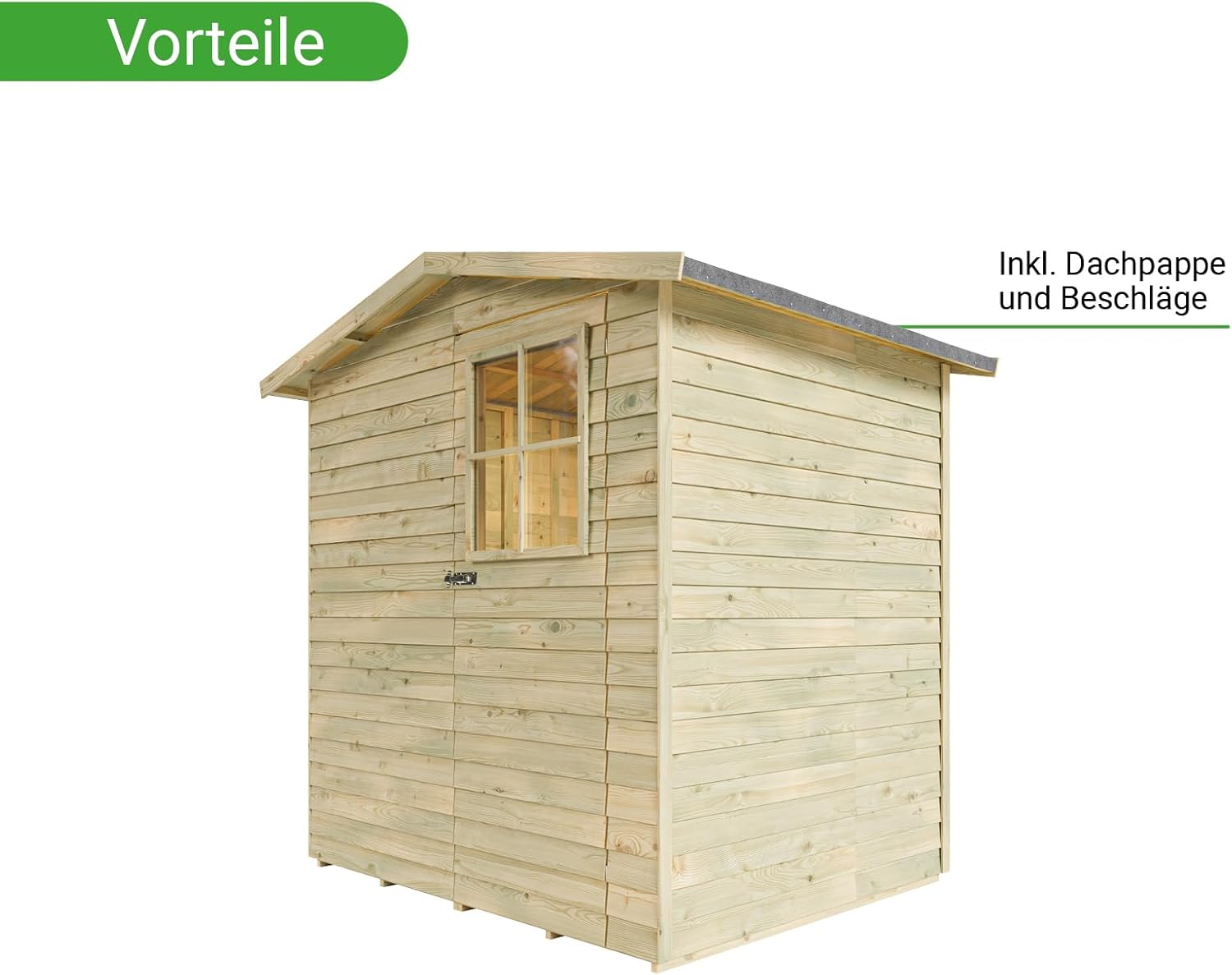 Gerätehaus Dortmund 1 | Gartenhaus | Wandstärke 9 mm | Kesseldruckimprägniert | BxTxH: 180 x 145 x 210 cm | Einzeltür mit Lichtausschnitt | Inkl. Dachpappe + Beschläge