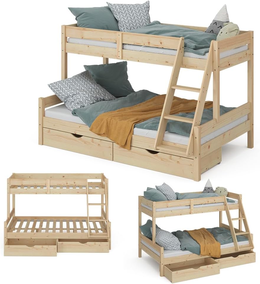 Etagenbett 120x200 / 80x200 cm Everest mit Schubladen - Naturholz 208x131x139 cm aus Holz - Bett für Kinder & Gäste, inklusive Lattenroste
