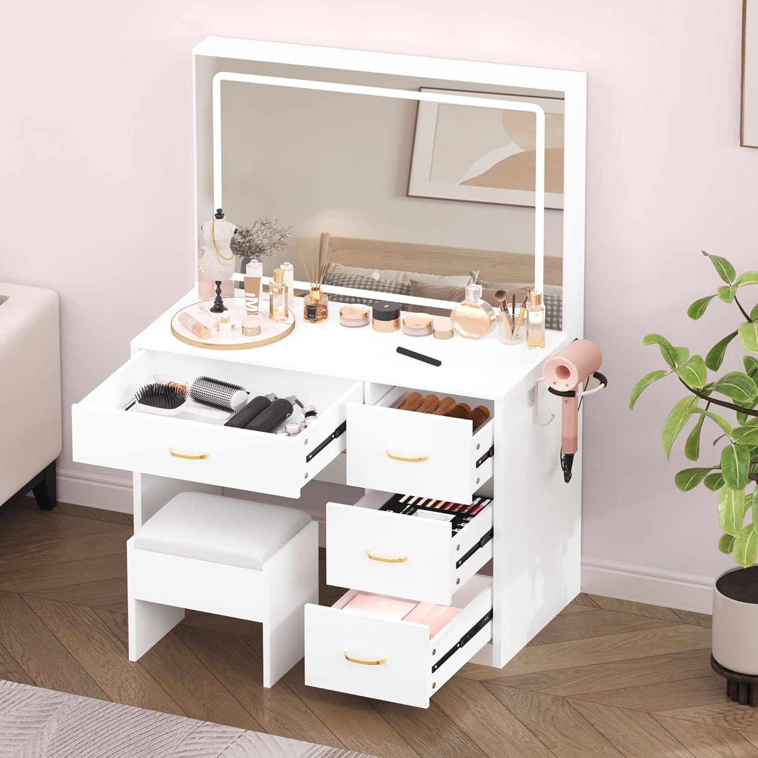 YITAHOME Schminktisch mit Spiegel, Kosmetiktisch mit 4 Schubladen, Beleuchtung, Steckdose, Weiß (Make Up Tisch, Frisiertisch, Kosmetiktisch, Vanity Table)