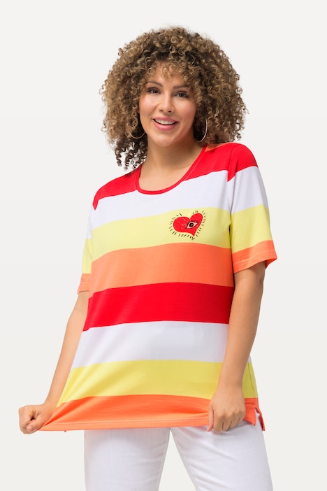 T-Shirt, Ringel, Stickerei, Rundhals, Halbarm