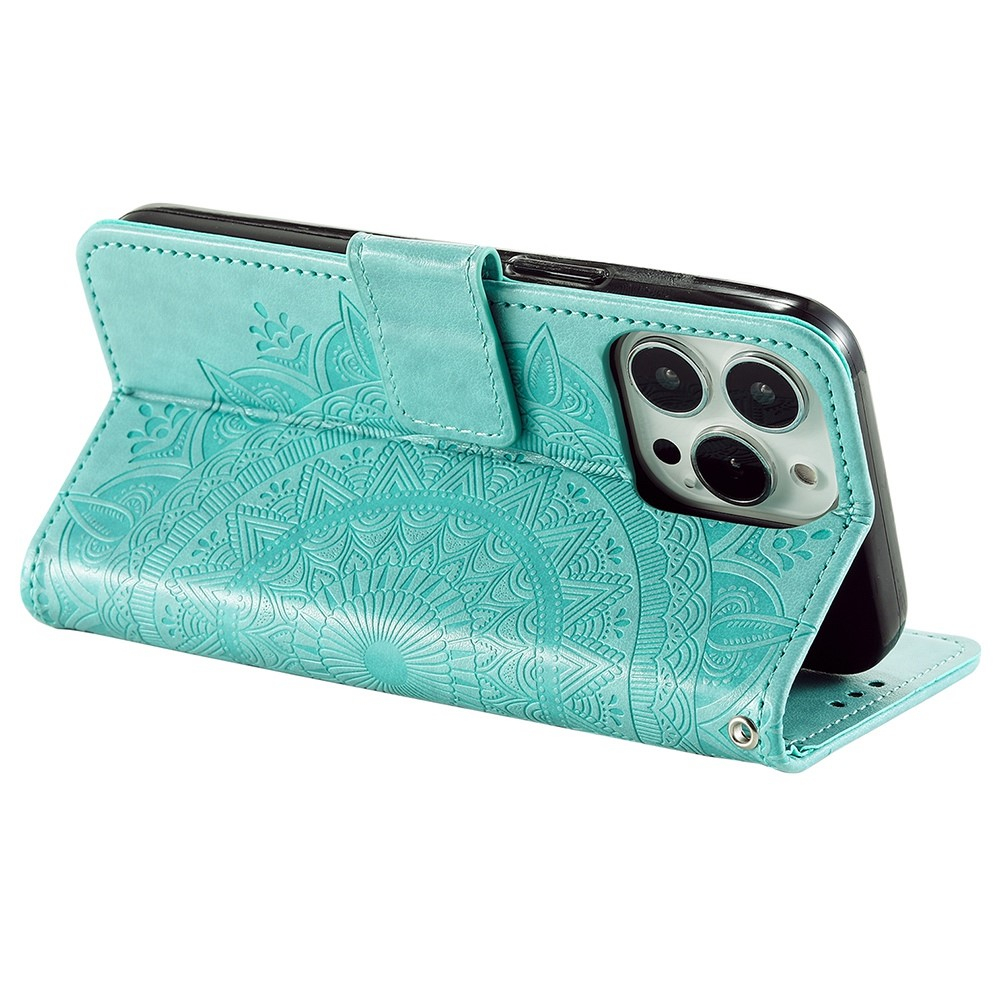 iPhone 14 Pro Max Leder Tasche Wallet - Mandala Flowers Imprint - Türkis
