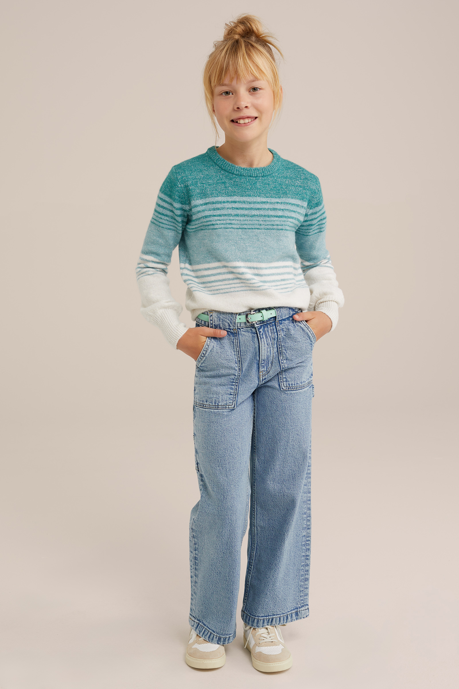 Meisjes gebreide trui met glittergaren WE Fashion Groenblauw