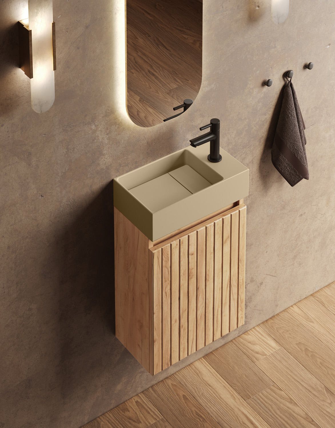 Fontana Itsie toiletmeubel warm eiken ribbelfront 40cm met fontein in mat licht ivoor