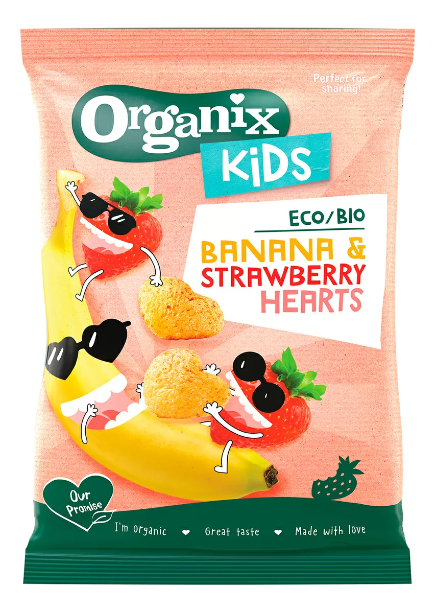 Organix Kids Banana & Strawberry hearts - 1 stk.