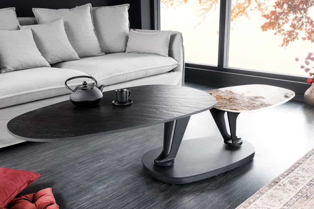 Design Couchtisch MOVEMENT schwarz rund drehbar Pandora Keramik Metallgestell