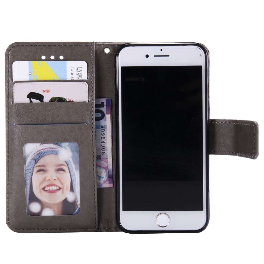 iPhone SE (2022/2020) / 8 / 7 / 6S Leder Tasche Wallet - Mandala Flowers Imprint - Grau