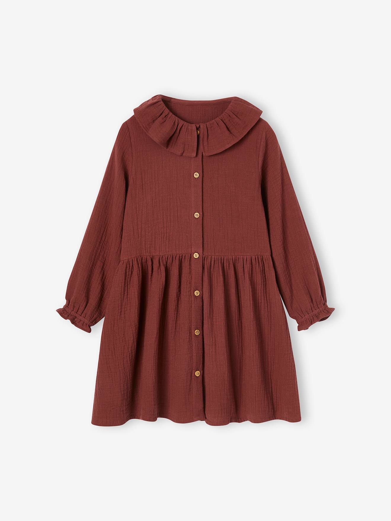 Vestido infantil em chiffon de algodão cor chocolate com botões.