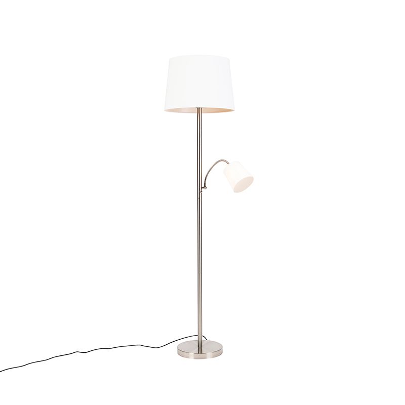 Klassieke vloerlamp staal met witte kap en leeslampje - Retro