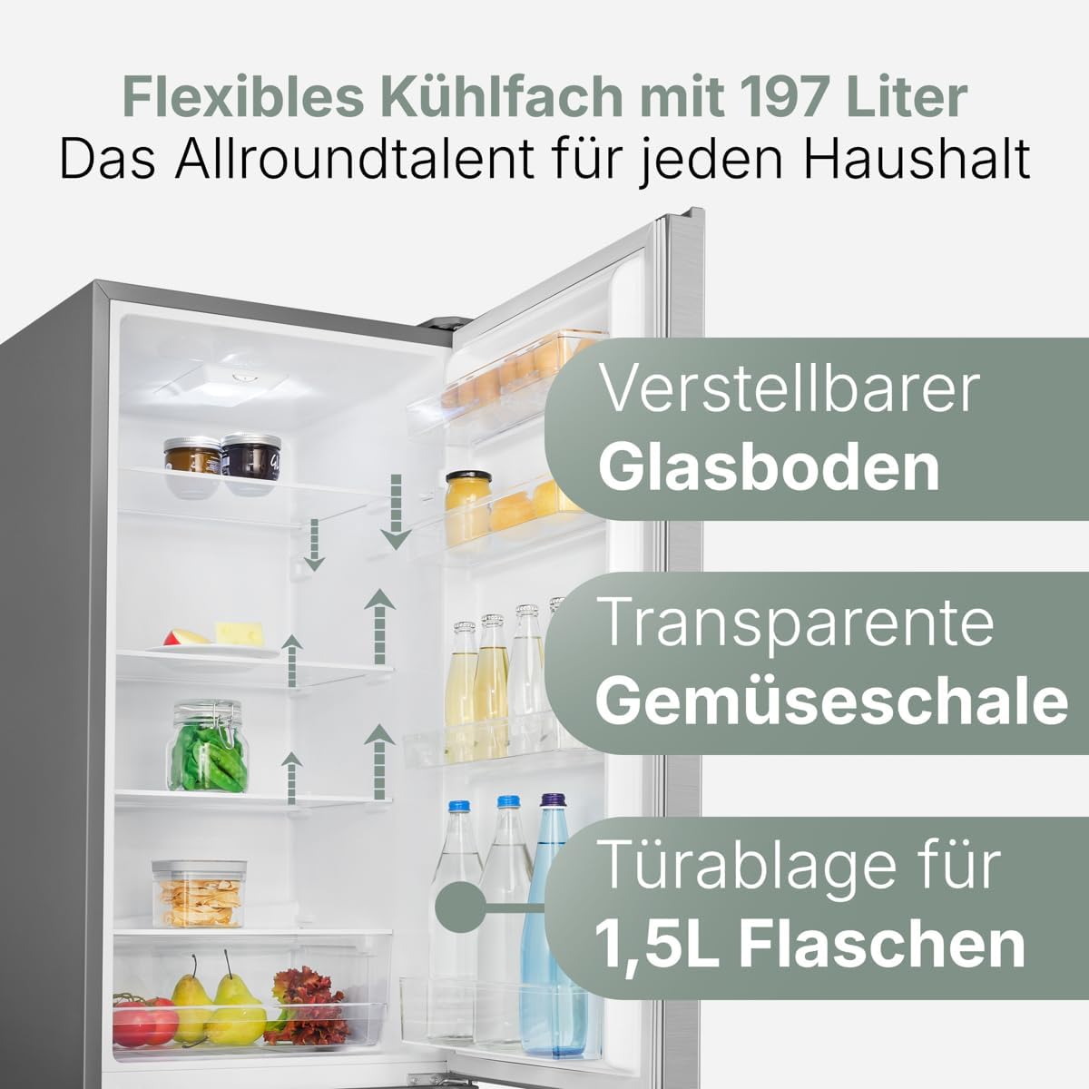 Bomann® Kühlschrank mit Gefrierfach | Energieklasse C | 180cm | Kühl Gefrierkombination leise 36 dB | 4 Ablagen & 3 Schubladen | Türanschlag wechselbar | 268L Kühlgefrierkombi | KG 7353 inox
