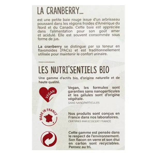 Nutrisanté Cranberry Orgânico Nutri'Sentiels 20 cápsulas