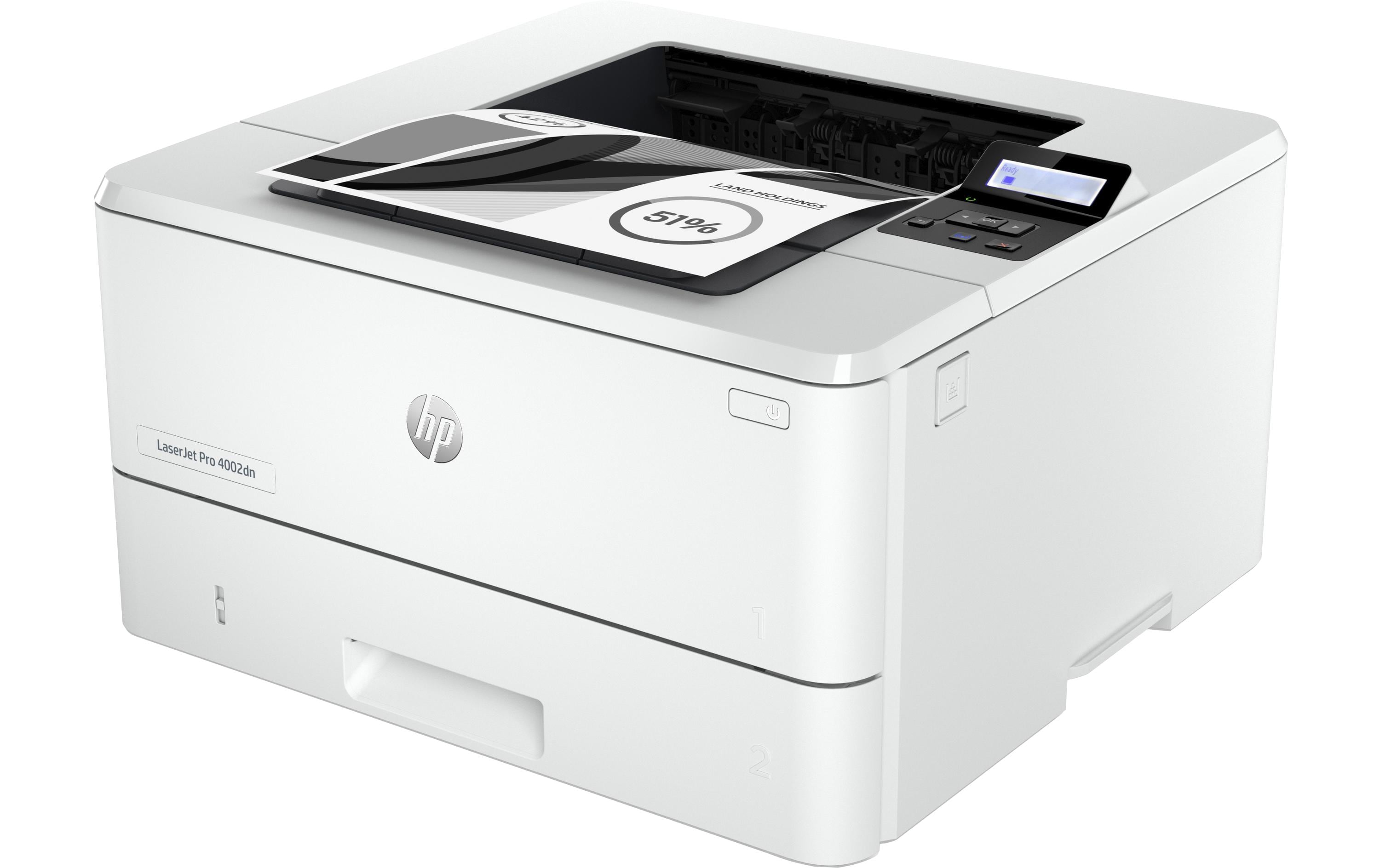Drucker LaserJet Pro 4002dn<br>Laserdrucker mit schneller Aufwärmphase, zwei Papierfächern (Mehrzweckfach + Standardpapierfach) und Netzwerkanschluss